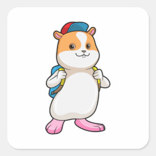 Hamster als Schüler mit Rucksack und Mütze Quadratischer Aufkleber