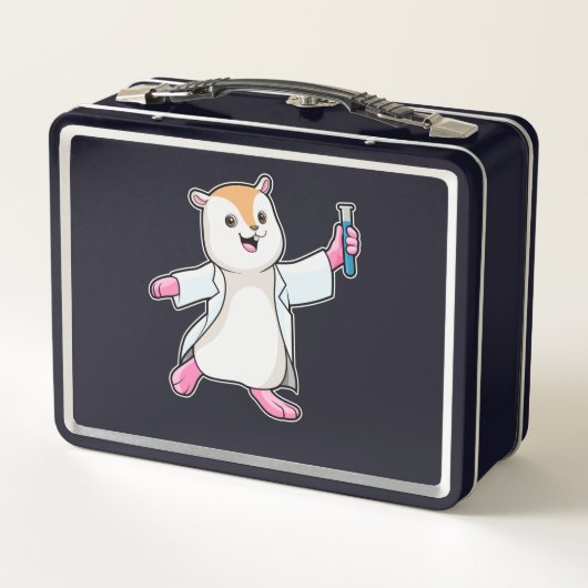 Hamster als Scientist mit Prüfröhre Metall Brotdose (Rückseite)