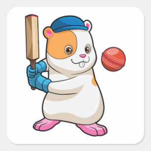 Hamster auf Cricket mit Cricket-Fledermaus und Cap Quadratischer Aufkleber