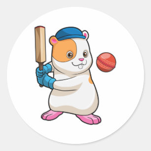 Hamster auf Cricket mit Cricket-Fledermaus und Cap Runder Aufkleber