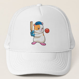 Hamster auf Cricket mit Cricket-Fledermaus und Cap Truckerkappe
