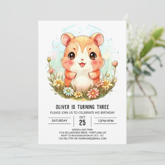 Hamster Birthday in Boho Style Einladung (Stehend Vorderseite)