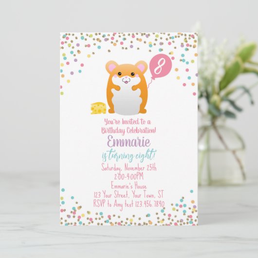 Hamster Birthday Party Einladung Confetti Glitzer (Stehend Vorderseite)