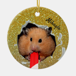 Hamster Chews Hole in Glittery Golden Ornament