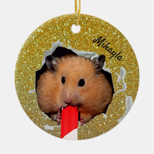 Hamster Chews Hole in Glittery Golden Ornament (Vorne)