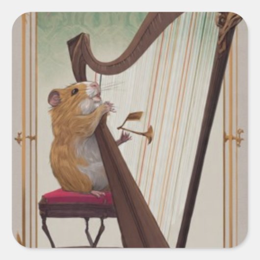 Hamster Harpist – Mini Musical Illustration Quadratischer Aufkleber (Vorderseite)