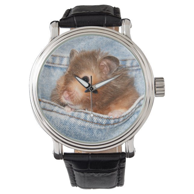Hamster in blauer Jeans Armbanduhr (Vorderseite)