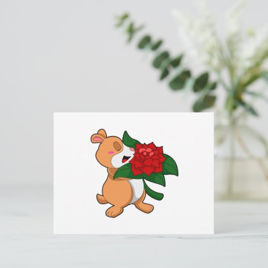 Hamster mit Blume Rose Postkarte (Stehend Vorderseite)