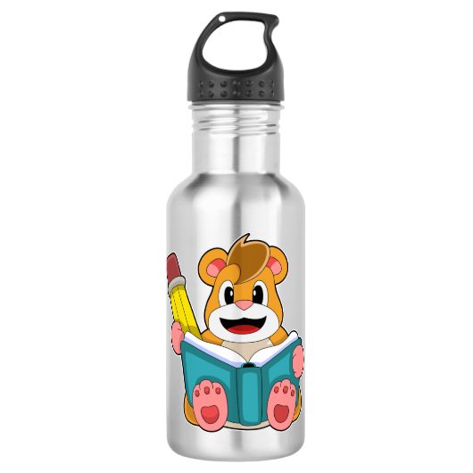 Hamster mit Buch und Pen Edelstahlflasche (Vorderseite)