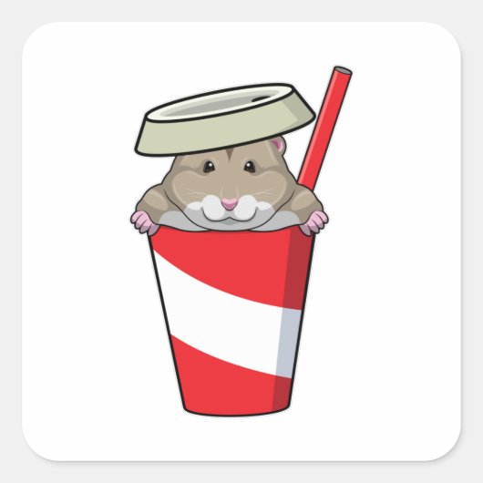 Hamster mit Drink Quadratischer Aufkleber (Vorderseite)