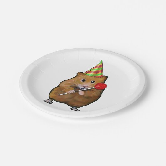 Hamster mit Party Hat und Lollipop, Illustration Pappteller (Schrägansicht)