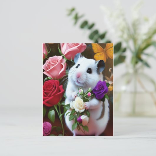 Hamster mit Rose Postkarte (Stehend Vorderseite)