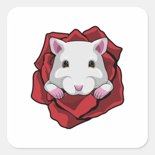 Hamster mit Rose Quadratischer Aufkleber (Vorderseite)