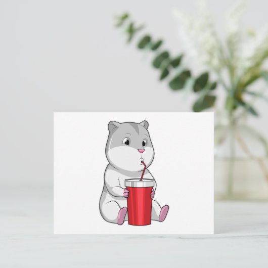 Hamster mit Tasse und Trinkstroh Postkarte (Stehend Vorderseite)