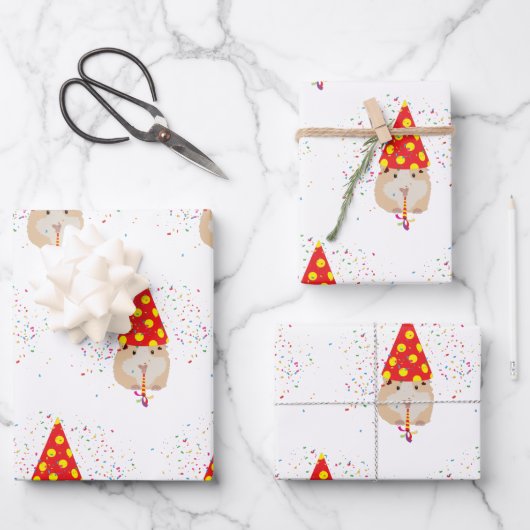 Hamster Partying - Tiere mit Party Geschenkpapier Set (Vorderseite)