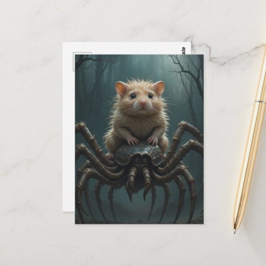 Hamster reitet auf einer Spinne Postkarte (Vorderseite/Rückseite Beispiel)