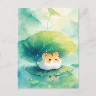 Hamster unter grünem Blatt-Schirm auf Teich Postkarte