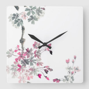 Hanami Blühender Sakurazweig Quadratische Wanduhr