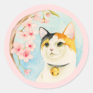 Hanami Niedlich Calico Cat und Blume Aquarell Runder Aufkleber