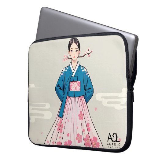 Hanbok Frau mit Blue Top und Cherry Blossom Moti Laptopschutzhülle (Vorderseite Links)