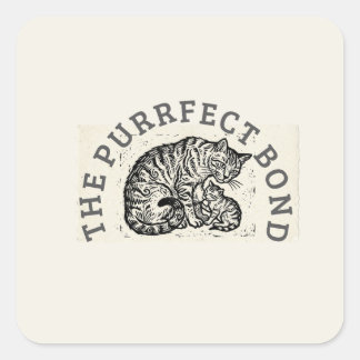 Hand-Carved Linocut Cat Mom & Kitten - Motherhood  Quadratischer Aufkleber