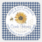 Hand Cut Comb Honey Sonnenblume Biene Rustic Gingh Quadratischer Aufkleber (Vorderseite)