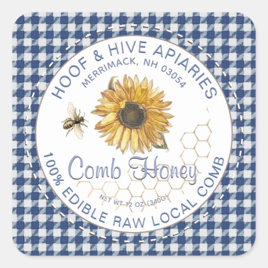 Hand Cut Comb Honey Sonnenblume Biene Rustic Gingh Quadratischer Aufkleber (Vorderseite)