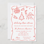 Hand Dawn Whimsical Red Funky Christmas Open House Einladung (Vorderseite)