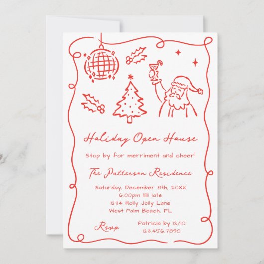 Hand Dawn Whimsical Red Funky Christmas Open House Einladung (Vorderseite)