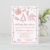 Hand Dawn Whimsical Rot Funky Weihnachten Open Hou Einladung (Stehend Vorderseite)