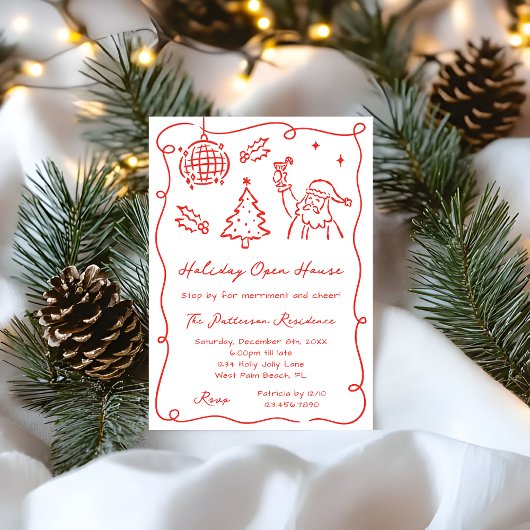 Hand Dawn Whimsical Rot Funky Weihnachten Open Hou Einladung