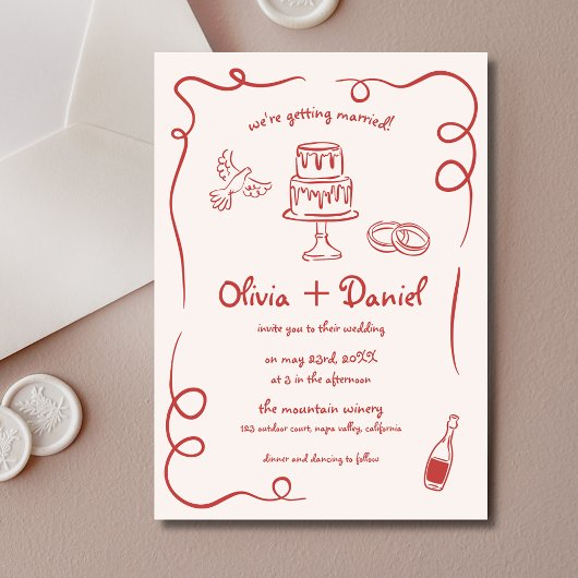 Hand Drawing French Quirky Red Whimsical Wedding Einladung