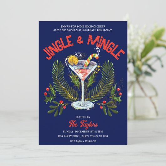 Hand Drawing Jingle Mingle Weihnachtscocktail Part Einladung (Stehend Vorderseite)