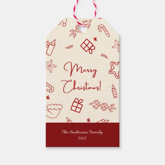 Hand Drawing Whimsical Red Doodle Weihnachten Geschenkanhänger (Vorderseite)