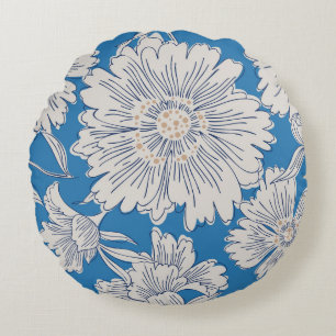 Hand drawn abstract garden flowers. Contour drawin Rundes Kissen