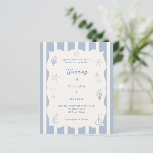 Hand drawn beach blue ivory wedding invitation (Stehend Vorderseite)