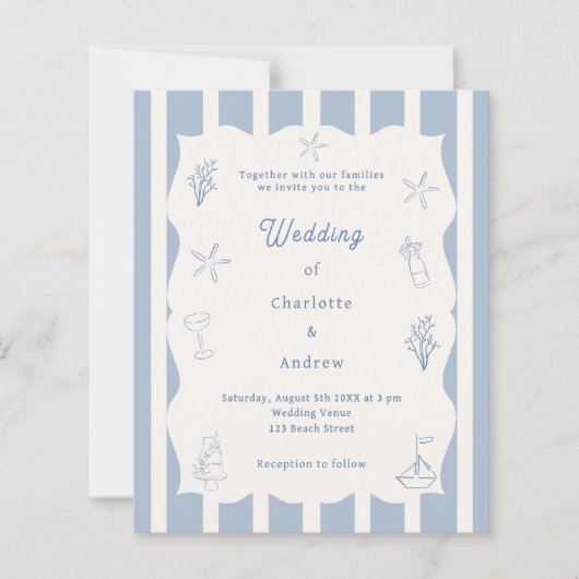 Hand drawn beach blue ivory wedding invitation (Vorderseite)