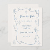 Hand drawn beach blue ivory wedding Save the Date (Vorne/Hinten)