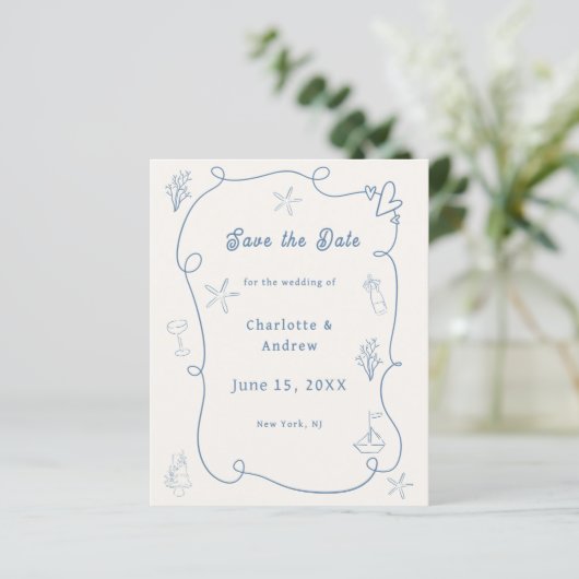 Hand drawn beach blue ivory wedding Save the Date (Stehend Vorderseite)