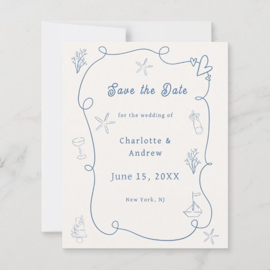 Hand drawn beach blue ivory wedding Save the Date (Vorderseite)
