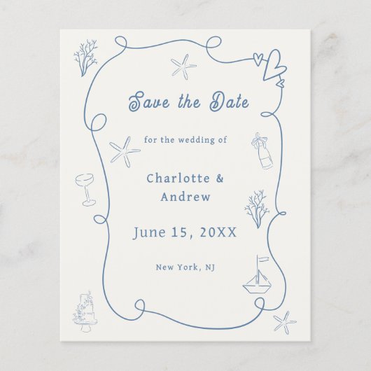 Hand drawn beach blue ivory wedding Save the Date Flyer (Vorne)