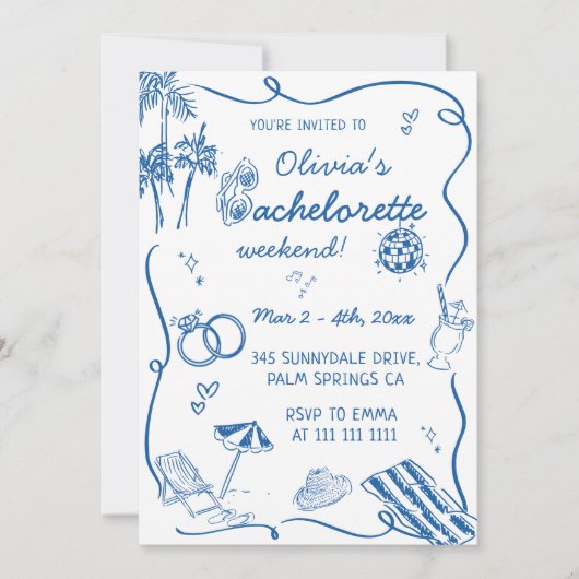 Hand Drawn Beach Coastal Bachelorette Einladung (Vorderseite)