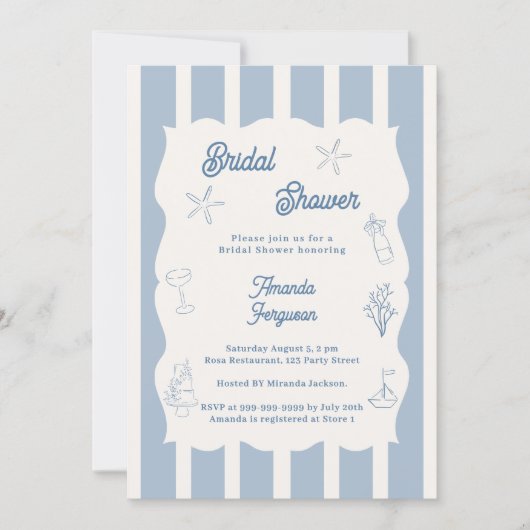 Hand drawn beach dusty blue ivory Bridal Shower Einladung (Vorderseite)
