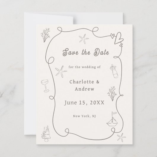 Hand drawn beach ivory taupe wedding Save the Date (Vorderseite)