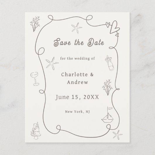 Hand drawn beach ivory taupe wedding Save the Date Flyer (Vorne)