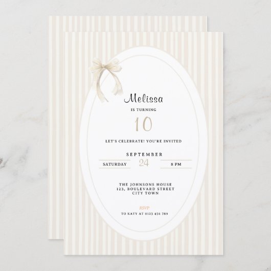 Hand Drawn Beige Stripes Bow 10th Birthday Einladung (Vorne/Hinten)