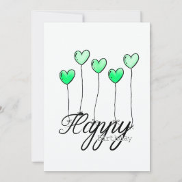 Hand-Drawn Birthday Card w Green Heart Balloons Karte