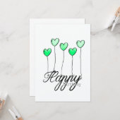 Hand-Drawn Birthday Card w Green Heart Balloons Karte (Vorderseite/Rückseite Beispiel)