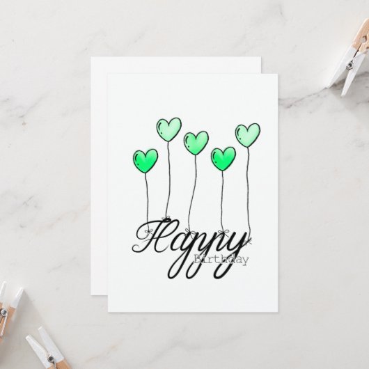 Hand-Drawn Birthday Card w Green Heart Balloons Karte (Vorderseite/Rückseite Beispiel)