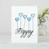 Hand-Drawn Birthday Card w L. Blue Heart Balloons Karte (Stehend Vorderseite)